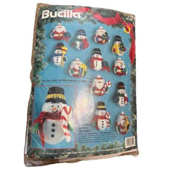 Bucilla Roly Poly Santa & Snowman 83140 Felt Ornaments Needlecraft Kit 1994 NEW - Picture 1 of 6